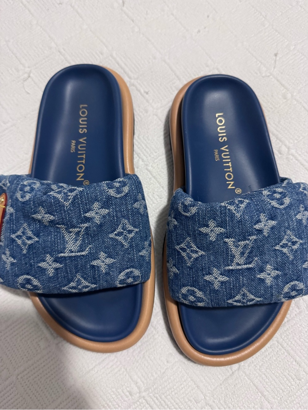 Louis Vuitton Denim Monogram Slide Sandals in Blue and Tan